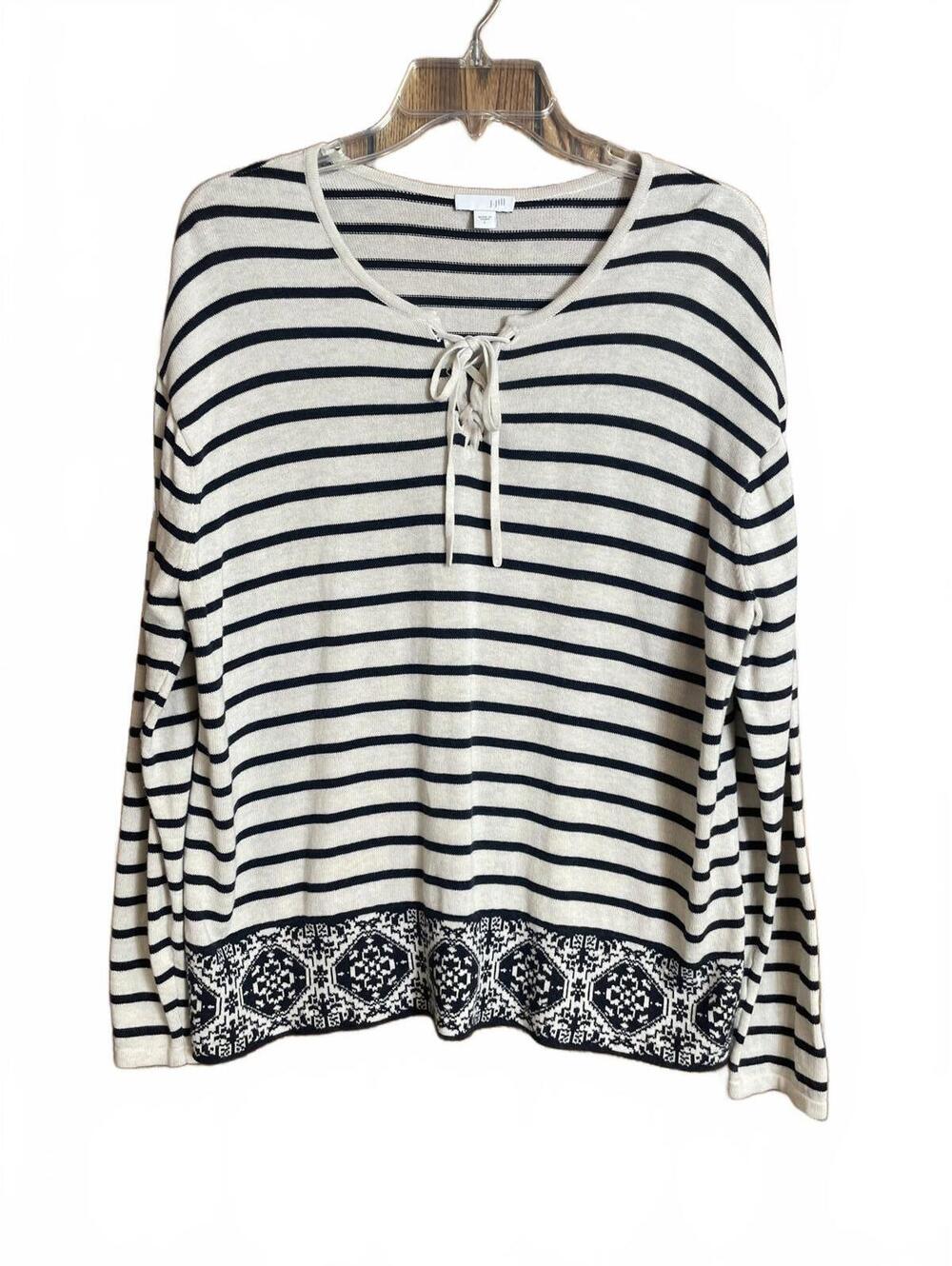 J Jill striped sweater with lace up neckline large